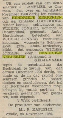 Hendrikje Kerperien ho Posthoorn Prov Overijsselsche en Zwolsche courant 28 11 1930