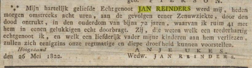 Groninger Courant 18220528 Overlijden Jan Reinders