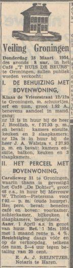 19540306 Nieuwsbl vh Noorden Verkoping woning en cafe Carolieweg 31