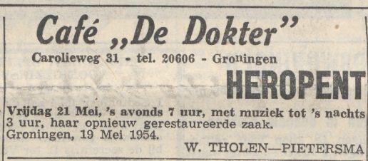 19540519 Nieuwsbl vh Noorden heropent cafe de dokter Carolieweg 31