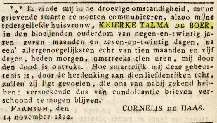 18121120 Journal du département de la Frise overlijden Knierke Talma de Boer