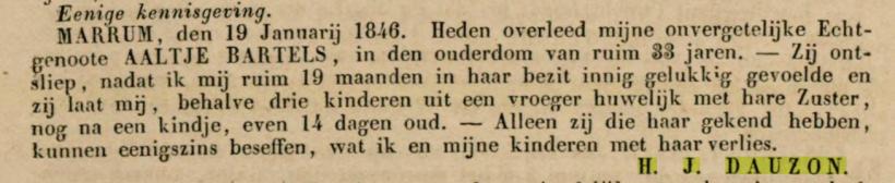 18460130 Leeuwarder courant overleden Aaltje Bartels