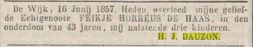 18570618 Provinciale Drentsche en Asser courant overleden Feikje Horreus de Haas