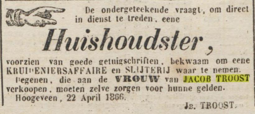 18660426 Provinciale Drentsche en Asser courant 26-04-1866 Huishoudster zelf geld