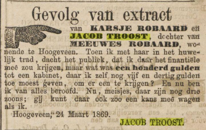 18690601 Provinciale Drentsche en Asser courant 01-06-1869 inz Karsje Robaard en Jacob Troost