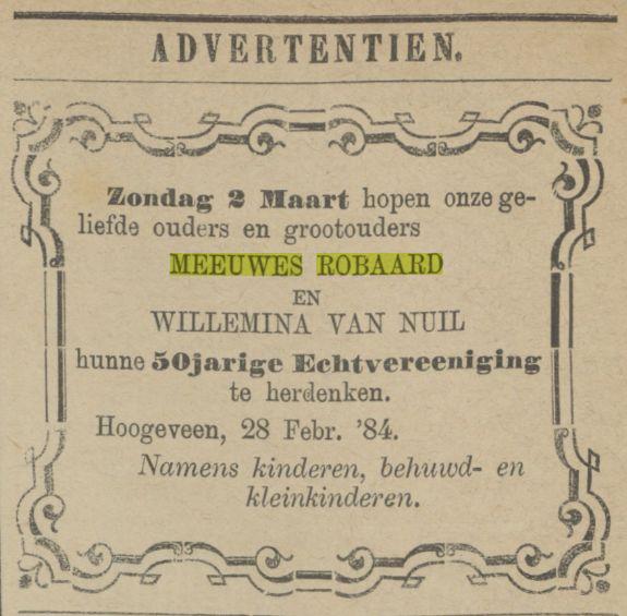 18840229 Provinciale Drentsche en Asser courant 29-02-1884 50 jarig huwelijk Meeuwes en Willemina