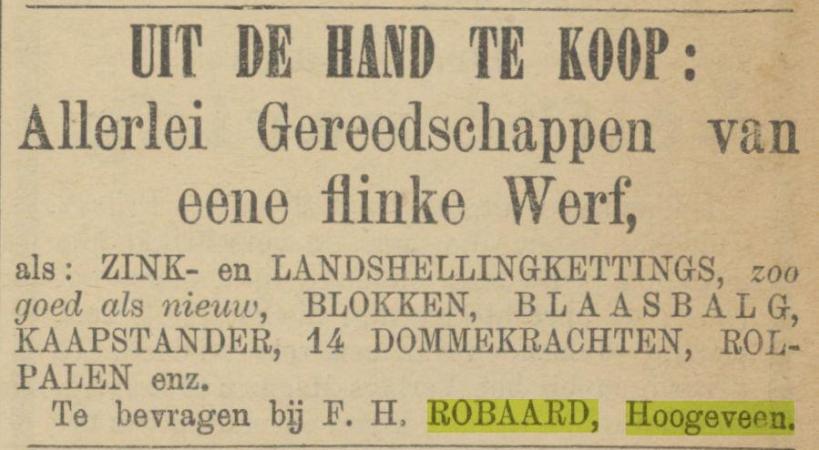 18881105 Provinciale Drentsche en Asser courant verkoop gereedschappen F H Robaard